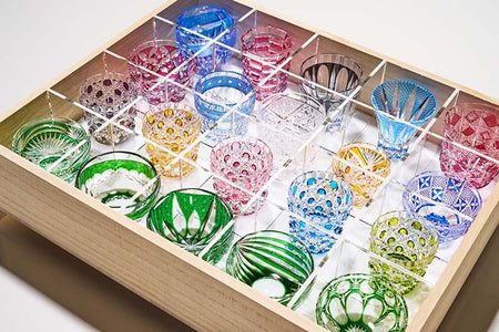 Edo Kiriko Special Selection Sake Cups, Set of 20, colorful handcrafted glass cups in a wooden box.