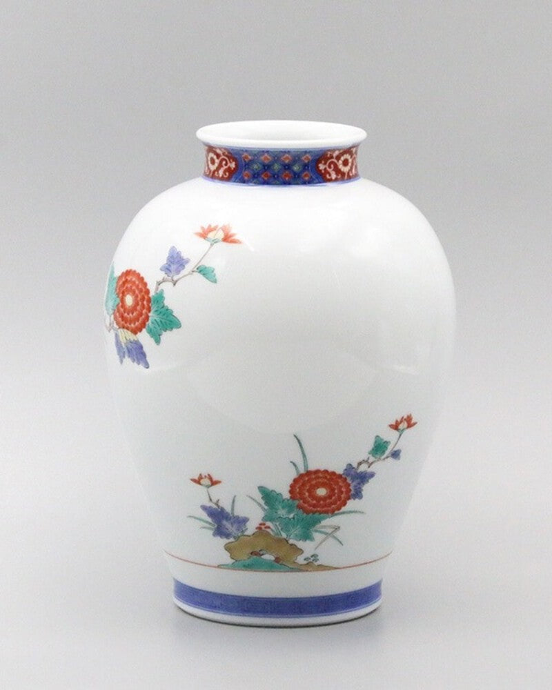 Flower vase dyed brocade chrysanthemum and bird design with colorful floral patterns and paulownia wood box packaging.