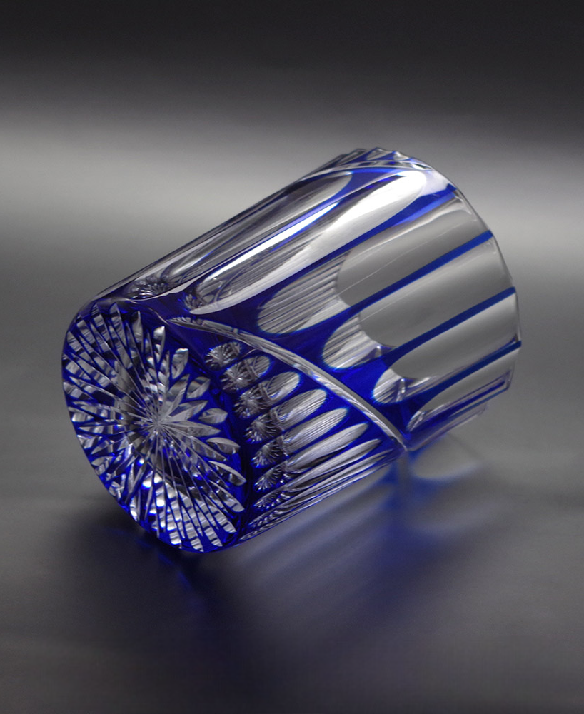 Hayate Rock glass features asymmetric Kamaboko carving in blue crystal glass with elegant diagonal line design.
