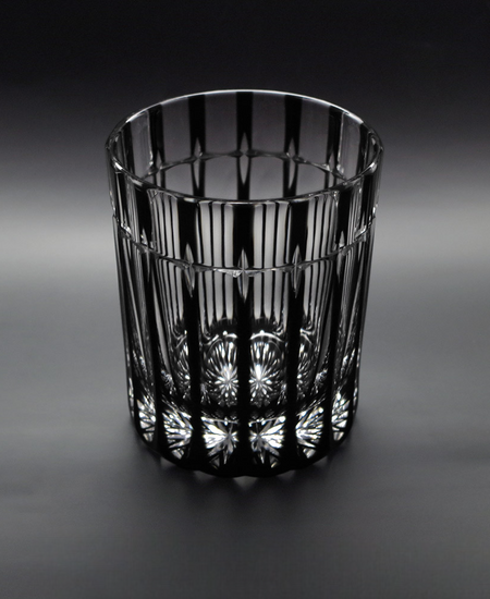 Cross Rock glass with stylish cross cuts reflecting a bright pattern, made from black crystal glass, 200ml capacity.