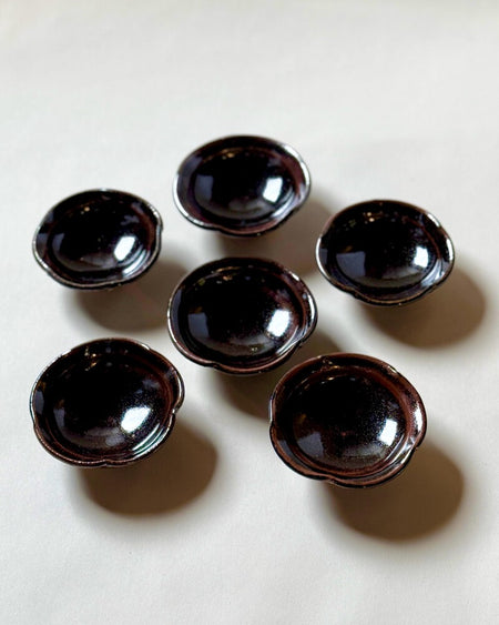 Black Karatsu flower-shaped small plates set of 6, glossy black handmade small dishes perfect for appetizers.