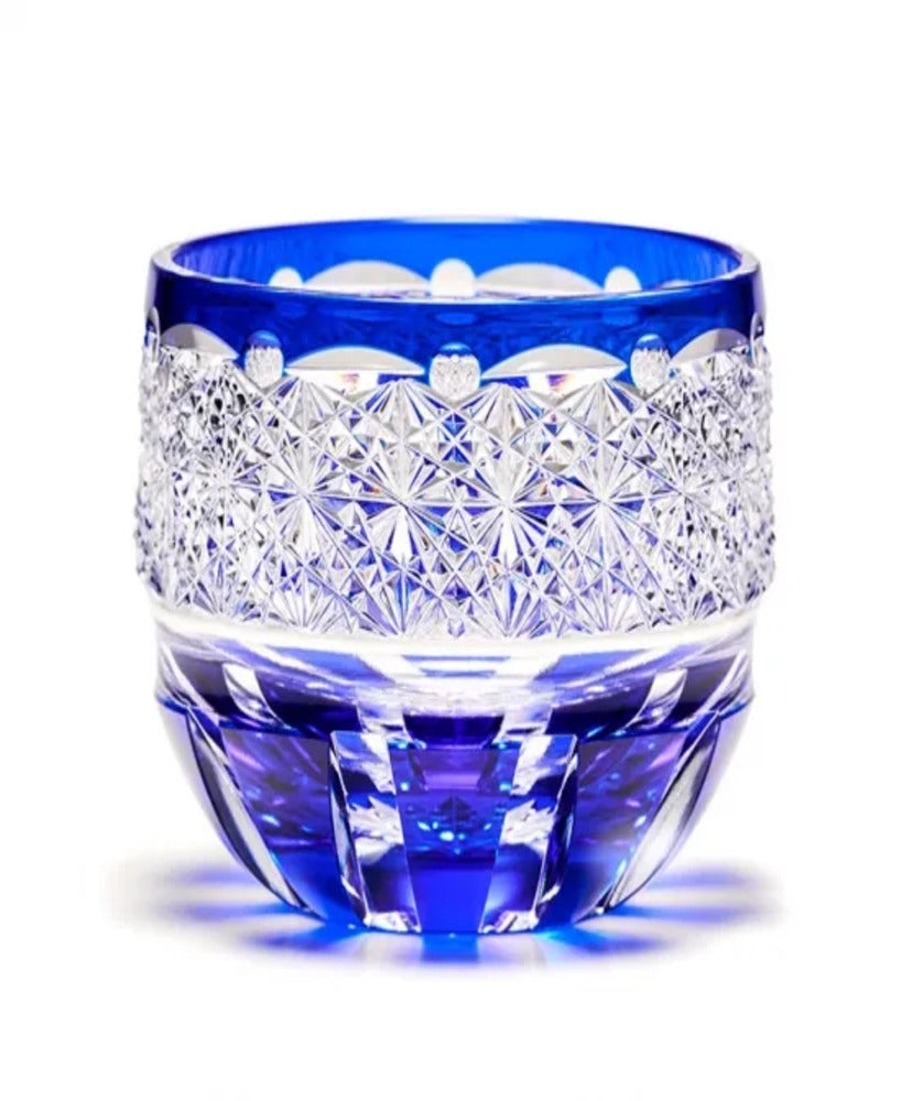 Crystal Glass Sake Cup  Blue Chrysanthemum