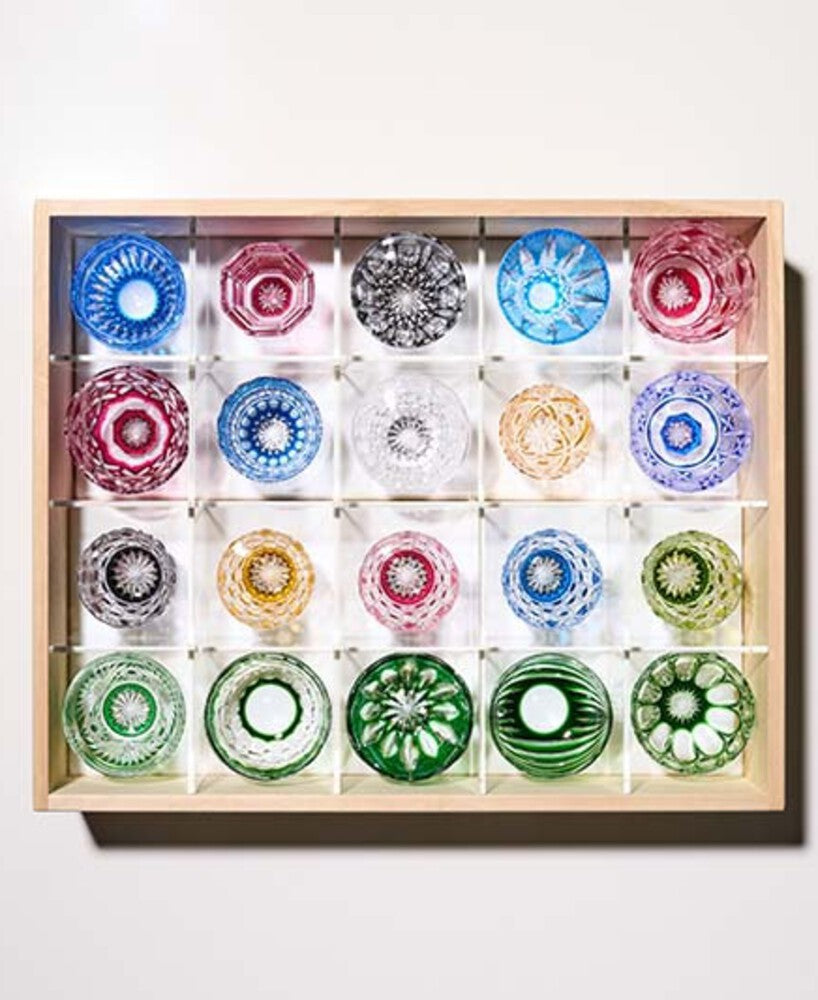 Edo Kiriko Special Selection Sake Cups set of 20 in assorted colors and intricate traditional Japanese patterns.