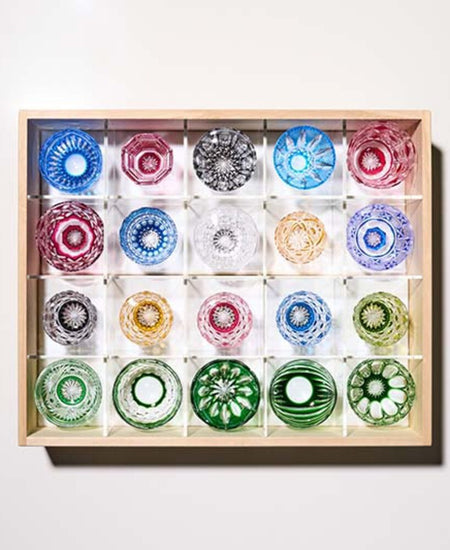 Edo Kiriko Special Selection Sake Cups set of 20 in assorted colors and intricate traditional Japanese patterns.