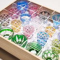 Edo Kiriko Special Selection Sake Cups, Set of 20, colorful handcrafted glass cups in a wooden box.