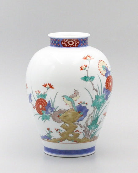 Flower vase, dyed brocade, chrysanthemum and bird design on white porcelain with colorful floral and bird motifs.