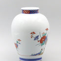 Flower vase, dyed brocade, chrysanthemum and bird design, diameter 16.5cm height 22.5cm in paulownia wood box.