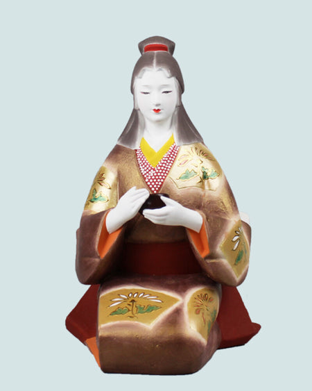 Hakata Doll Tea ceremony by Susumu Ueki, a 23cm tall traditional Japanese figurine in kimono holding tea bowl.