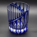 Hayate Rock glass with asymmetrical blue crystal design featuring diagonal Kamaboko carving and intricate reflections.